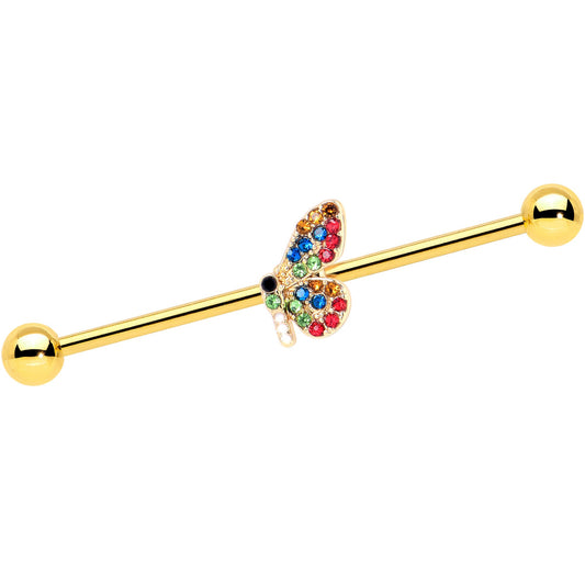 14G Red Blue Gem Gold Tone Butterfly Industrial Barbell 38mm