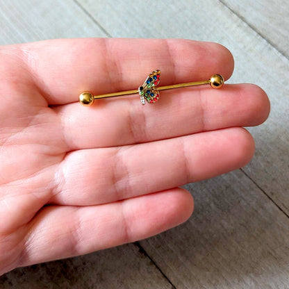 14G Red Blue Gem Gold Tone Butterfly Industrial Barbell 38mm