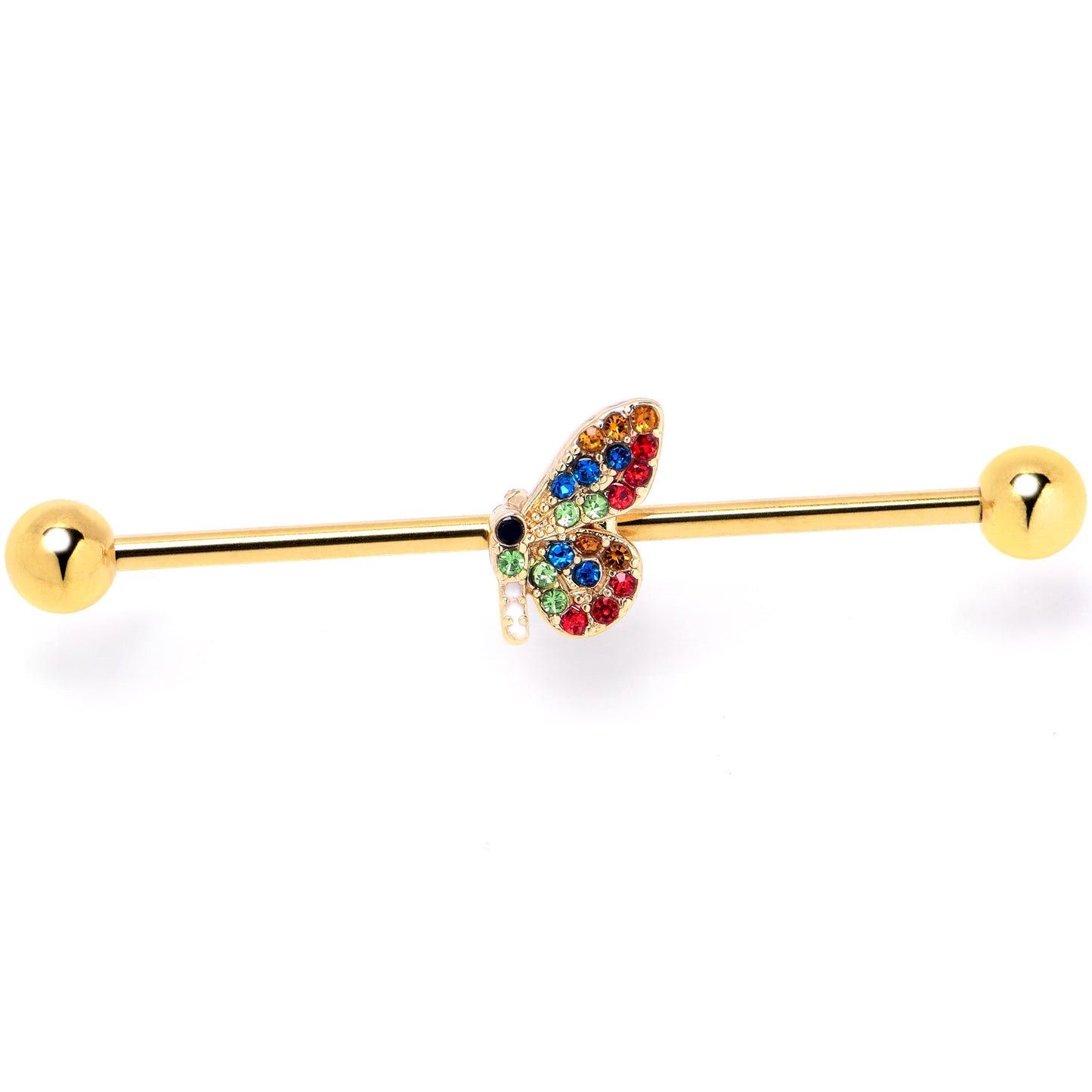 14G Red Blue Gem Gold Tone Butterfly Industrial Barbell 38mm