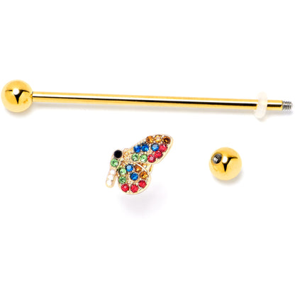 14G Red Blue Gem Gold Tone Butterfly Industrial Barbell 38mm