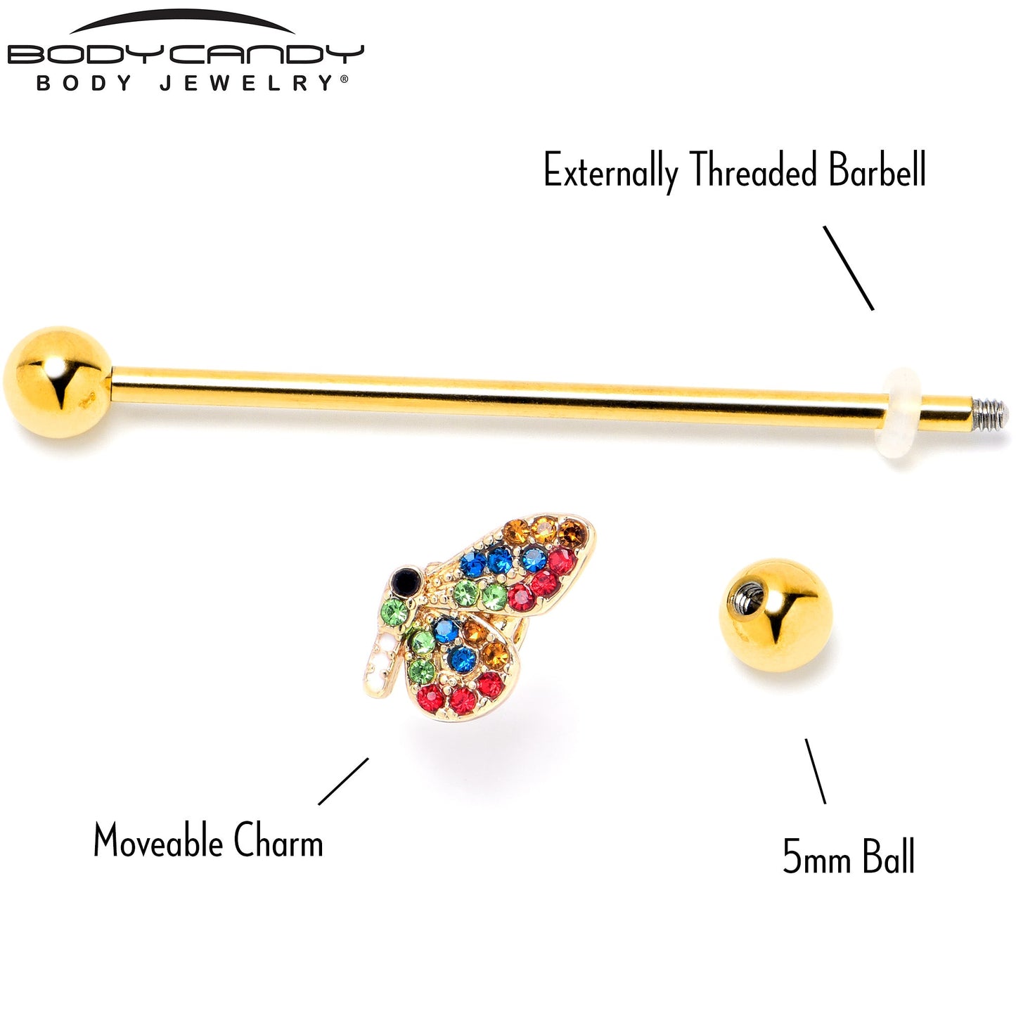 14G Red Blue Gem Gold Tone Butterfly Industrial Barbell 38mm