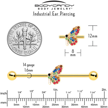 14G Red Blue Gem Gold Tone Butterfly Industrial Barbell 38mm