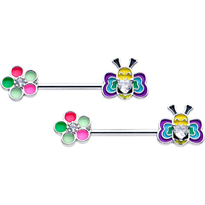 14G 9/16 Clear CZ Gem Butterfly Love Bug Barbell Nipple Ring Set