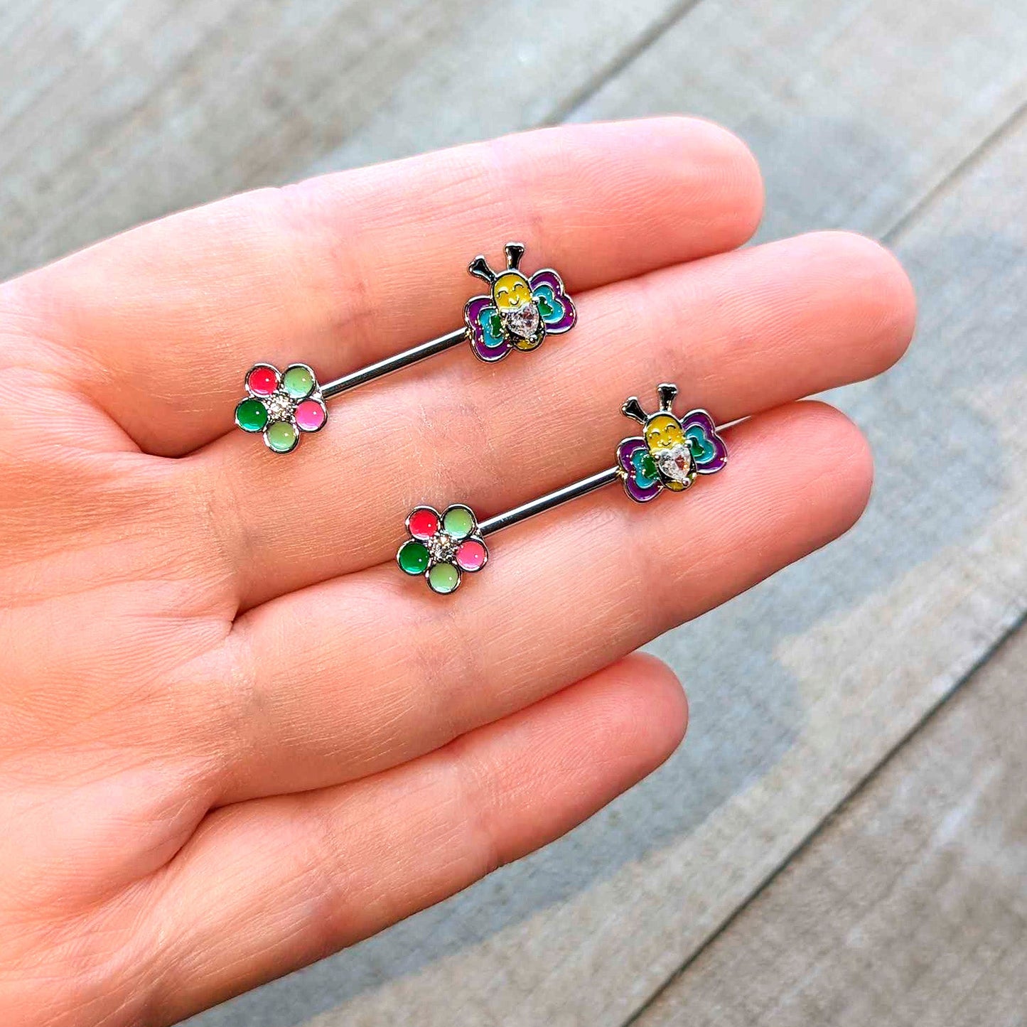 14G 9/16 Clear CZ Gem Butterfly Love Bug Barbell Nipple Ring Set