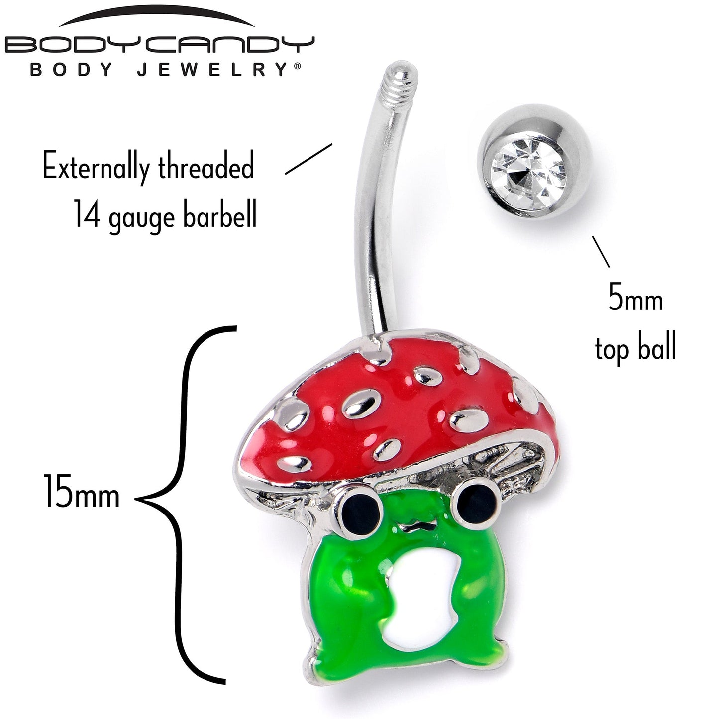 Clear Gem Happy Mushroom Red Green Belly Ring