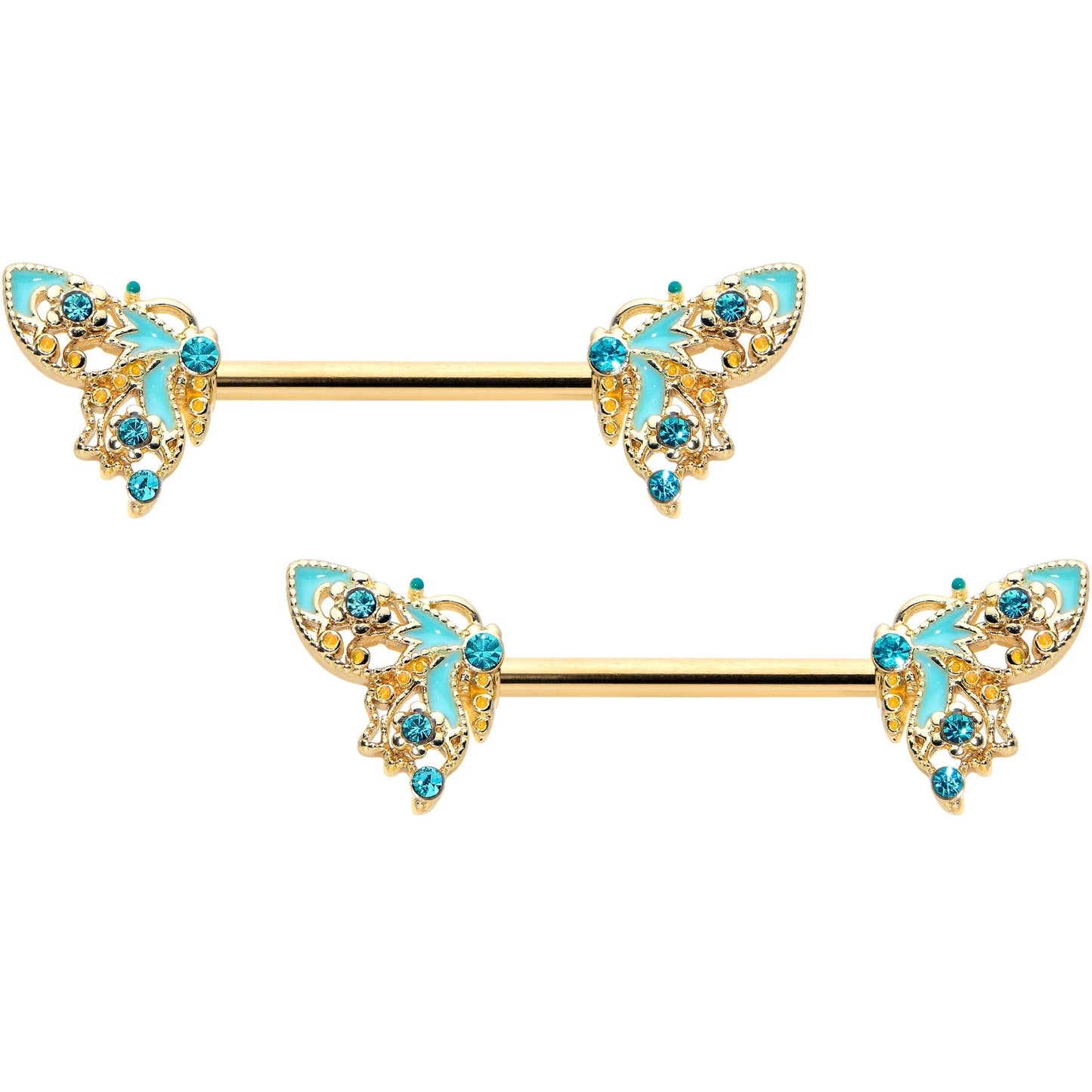 14G 9/16 Blue Gem Gold Hue Ribbon Butterfly Barbell Nipple Ring Set