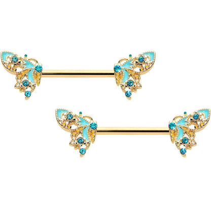14G 9/16 Blue Gem Gold Hue Ribbon Butterfly Barbell Nipple Ring Set