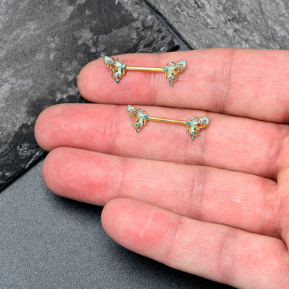 14G 9/16 Blue Gem Gold Hue Ribbon Butterfly Barbell Nipple Ring Set