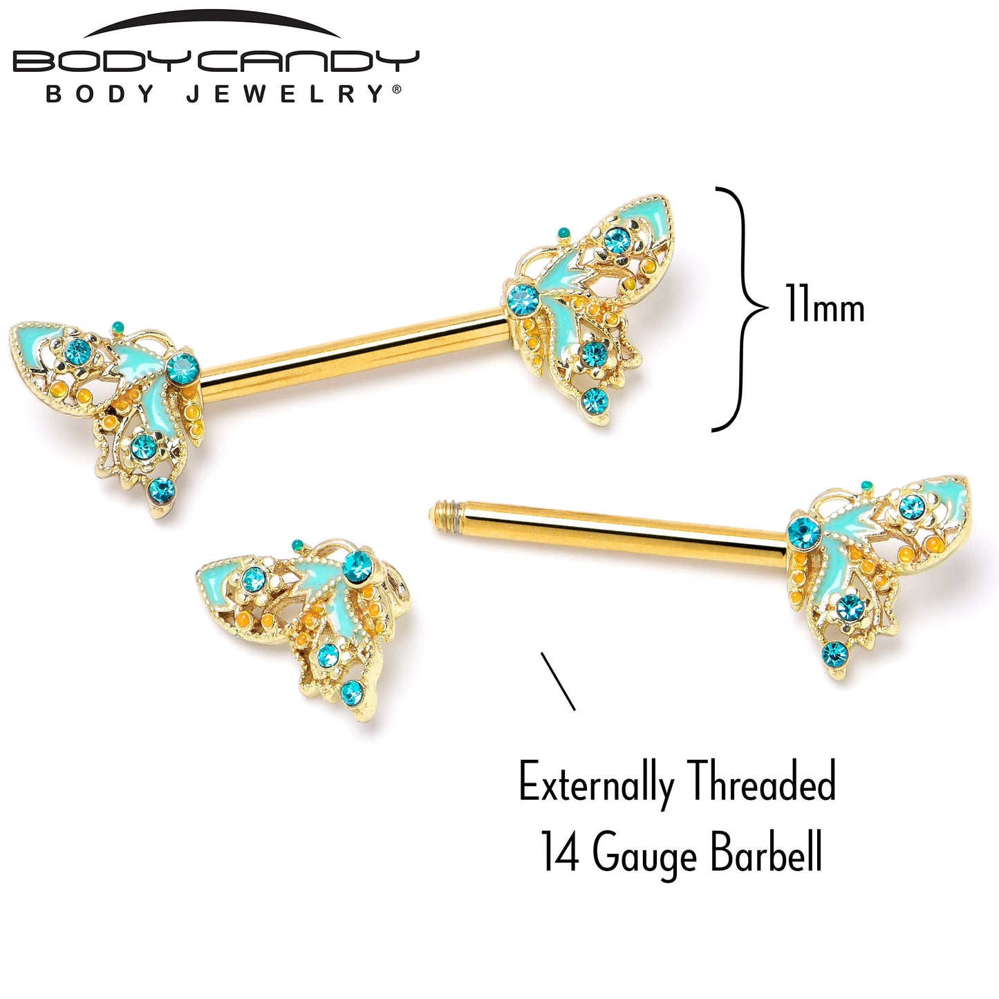14G 9/16 Blue Gem Gold Hue Ribbon Butterfly Barbell Nipple Ring Set
