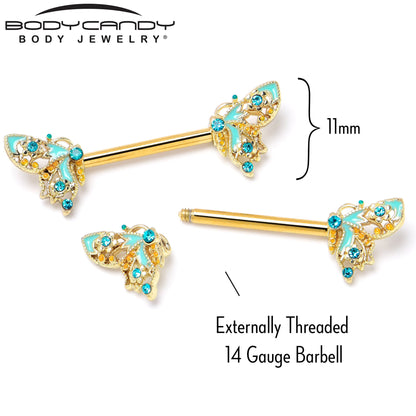 14G 9/16 Blue Gem Gold Hue Ribbon Butterfly Barbell Nipple Ring Set