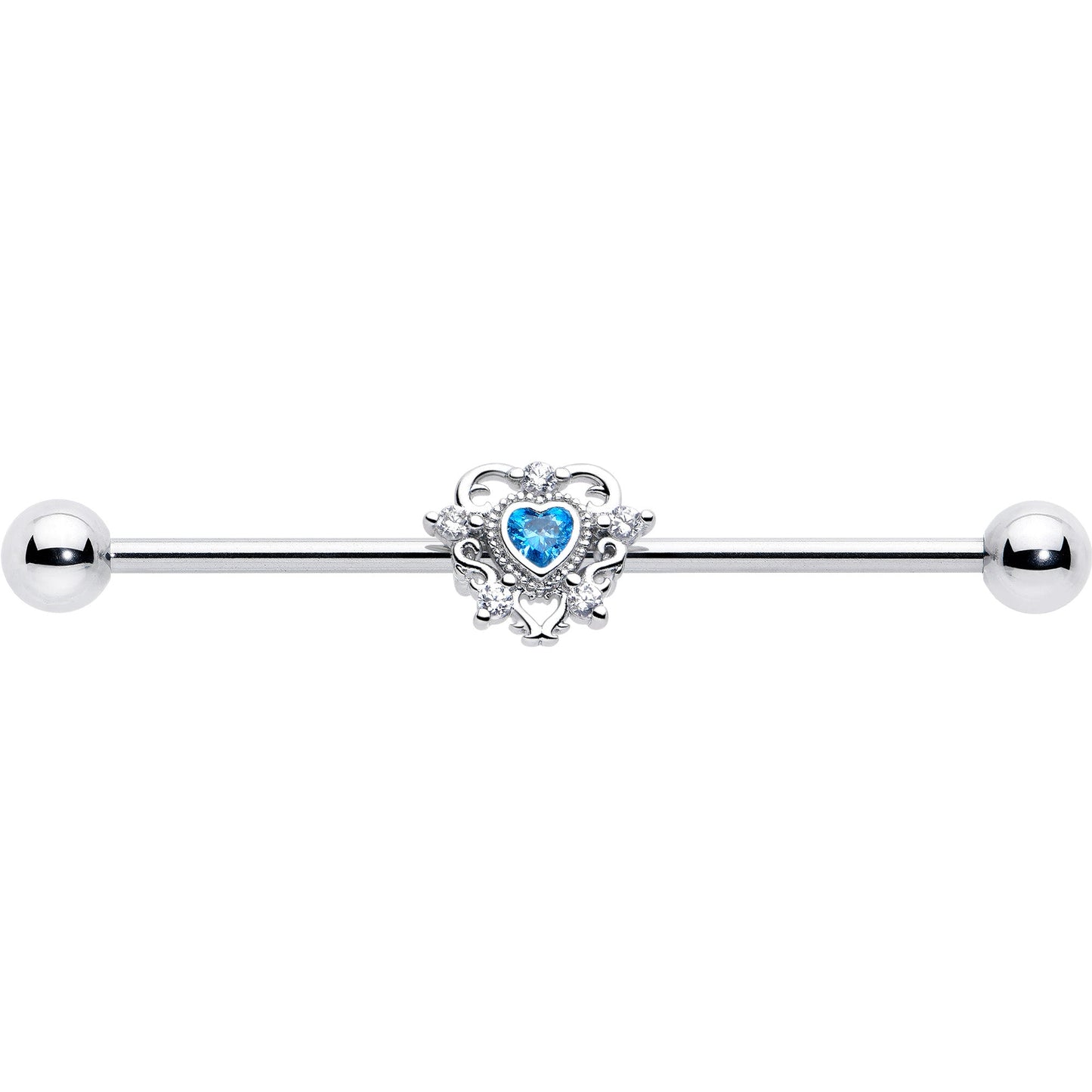14G Blue Clear CZ Gem Heart Pair Industrial Barbell 38mm