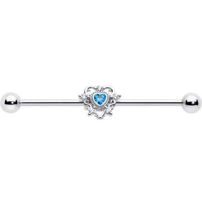 14G Blue Clear CZ Gem Heart Pair Industrial Barbell 38mm