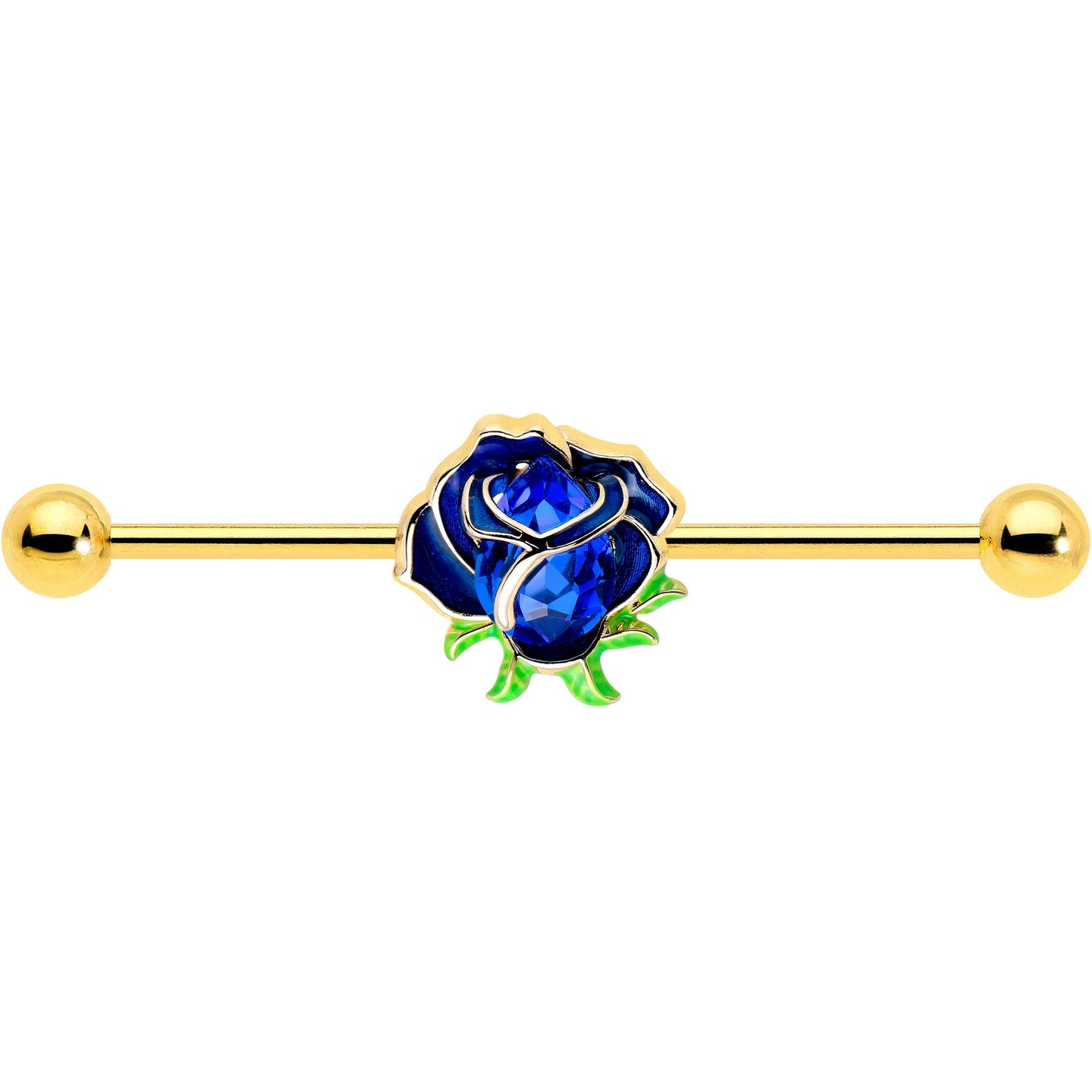 14G Blue Gem Gold Tone Deep Blue Flower Industrial Barbell 38mm