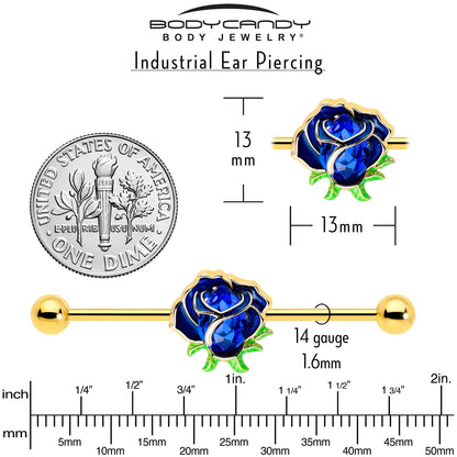 14G Blue Gem Gold Tone Deep Blue Flower Industrial Barbell 38mm