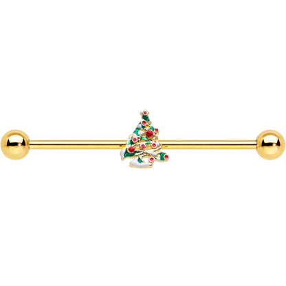 14G Gold Tone Snowy Christmas Tree Holiday Industrial Barbell 38mm