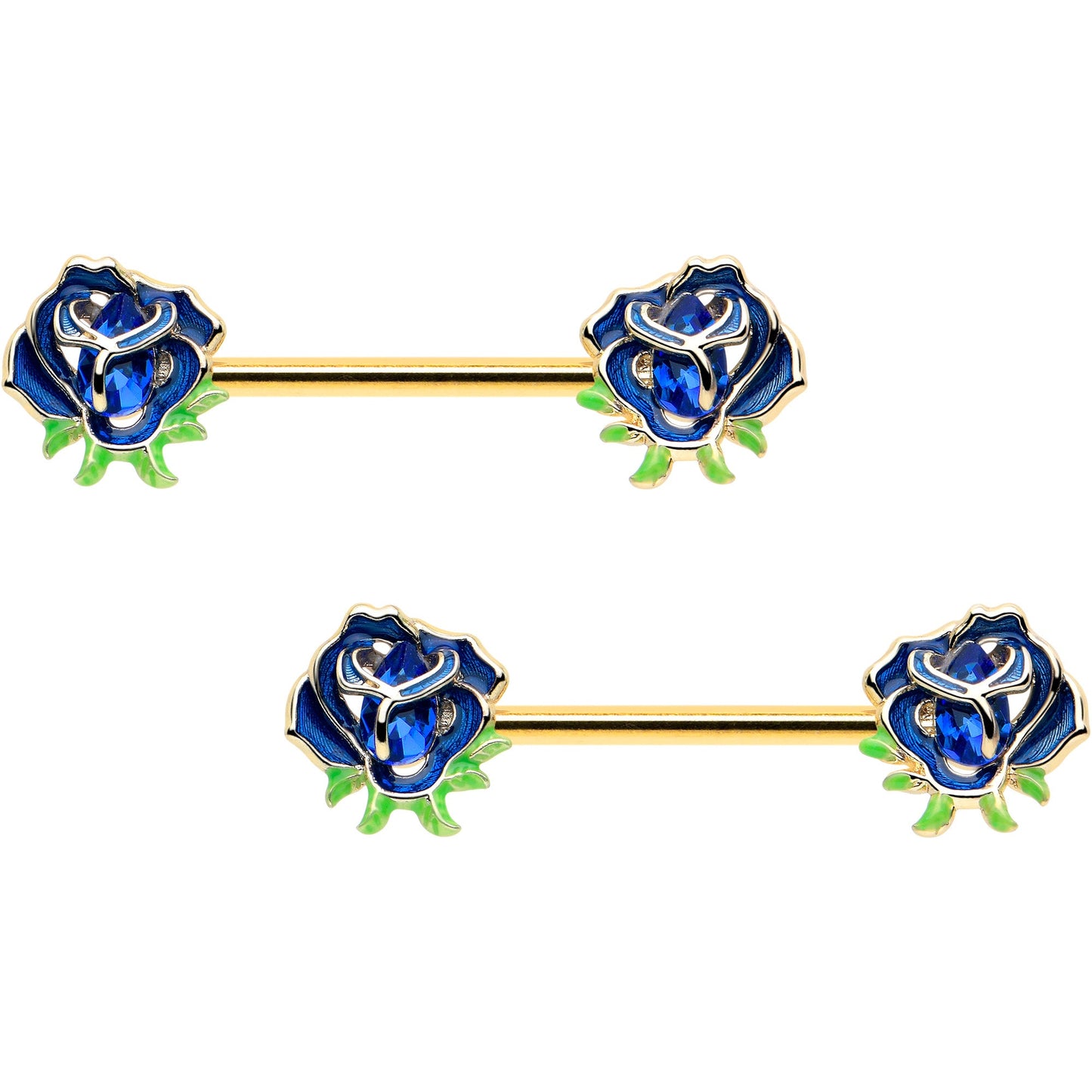 14G 9/16 Blue Gem Gold Hue Deep Blue Flower Barbell Nipple Ring Set