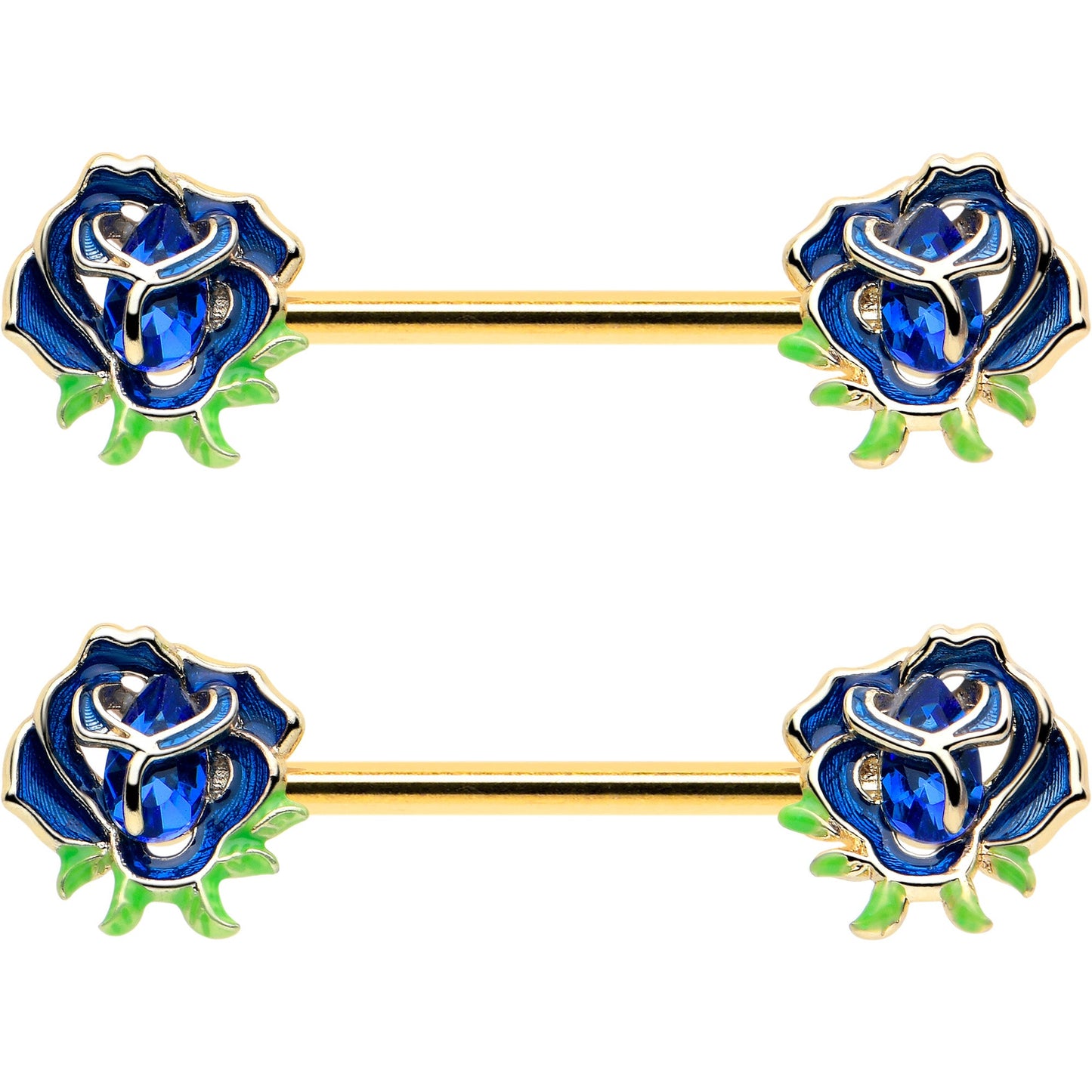 14G 9/16 Blue Gem Gold Hue Deep Blue Flower Barbell Nipple Ring Set