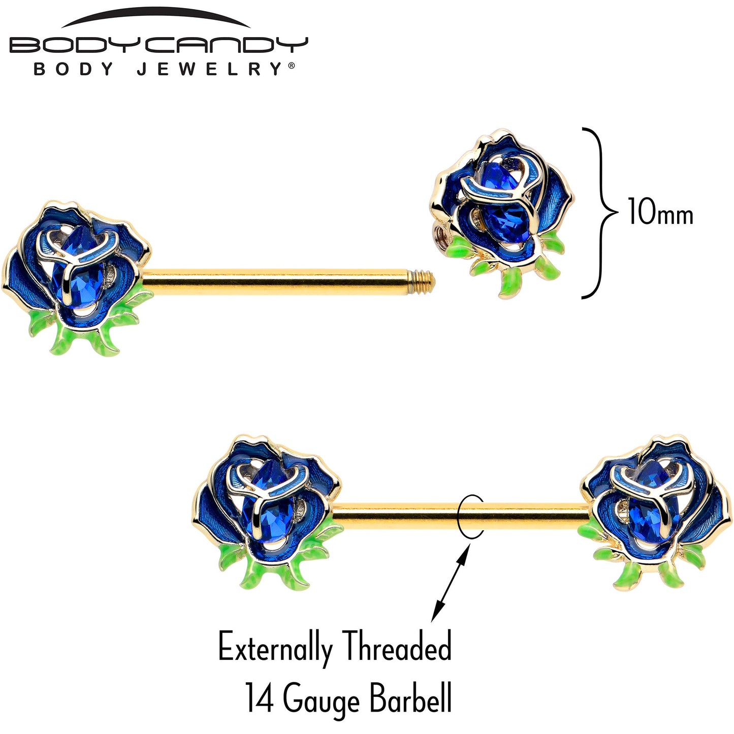 14G 9/16 Blue Gem Gold Hue Deep Blue Flower Barbell Nipple Ring Set