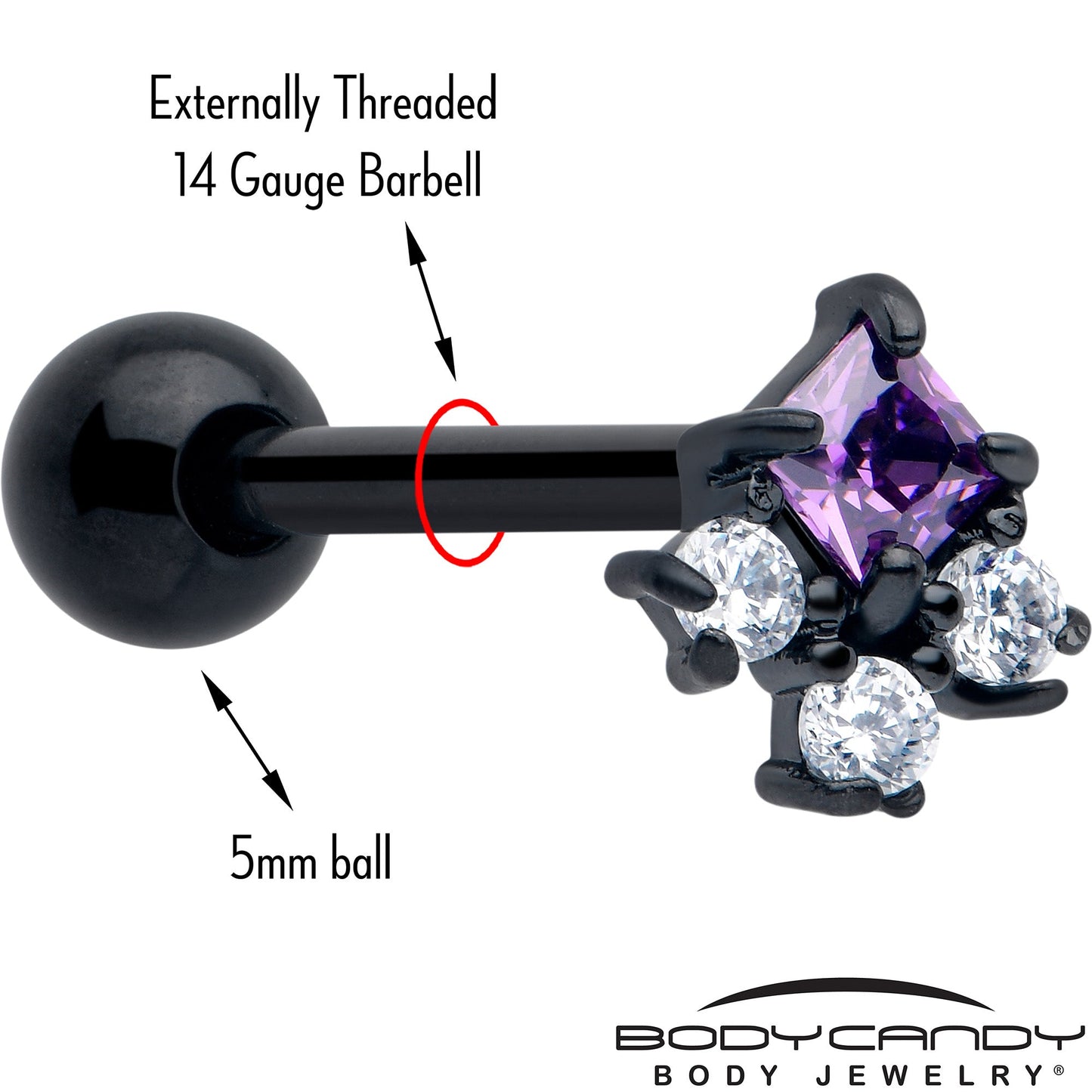Purple CZ Gem Black Rhombus Riot Barbell Tongue Ring