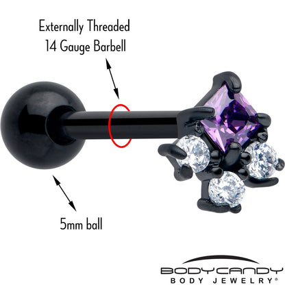 Purple CZ Gem Black Rhombus Riot Barbell Tongue Ring