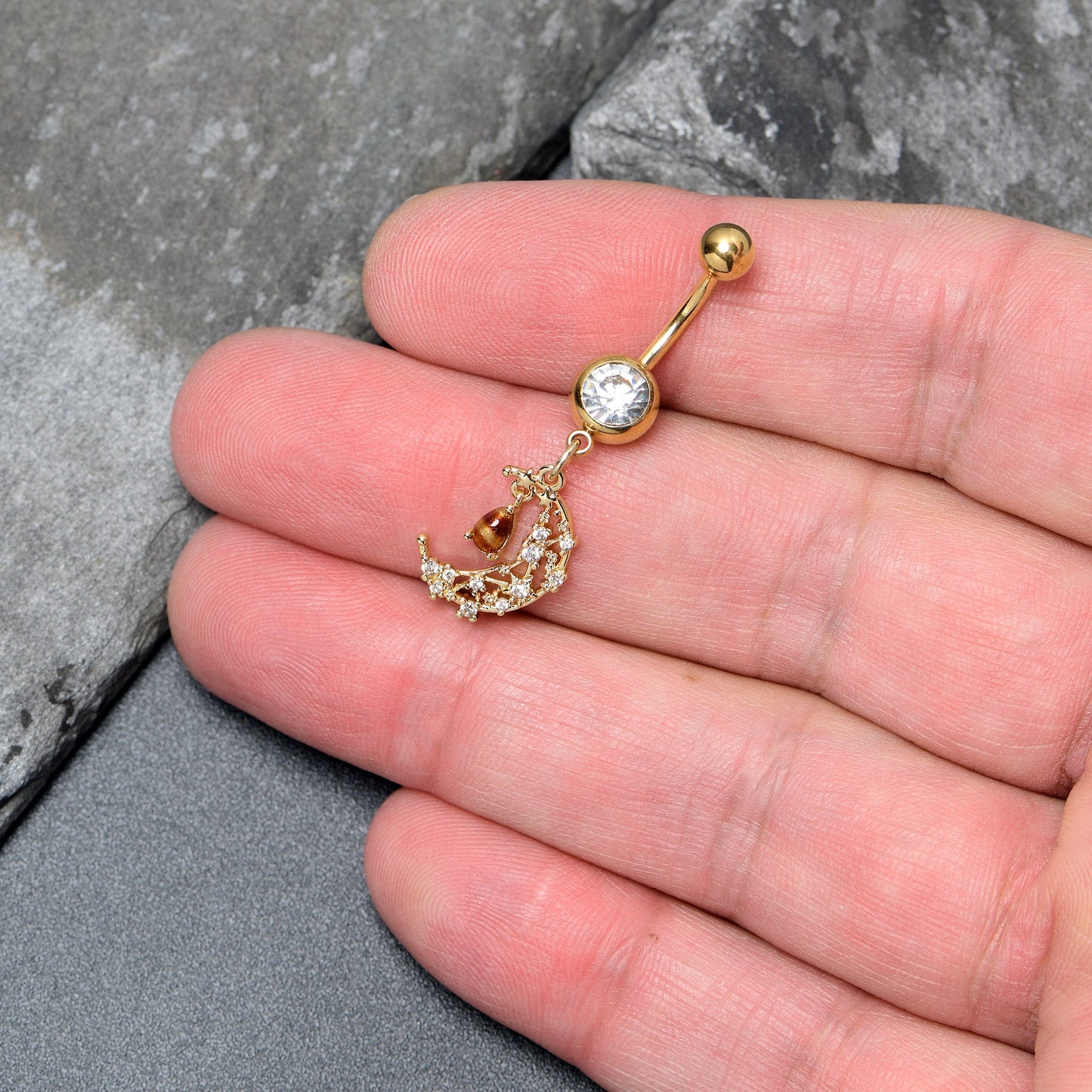 Clear Brown Gem Gold Tone Constellation Moon Dangle Belly Ring
