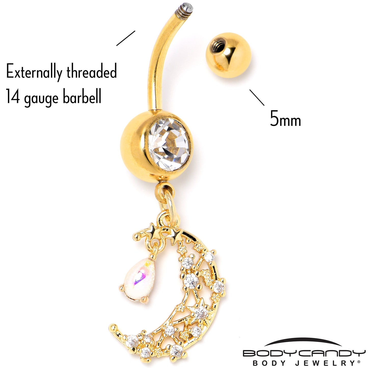 Clear White Gem Gold Tone Constellation Moon Dangle Belly Ring