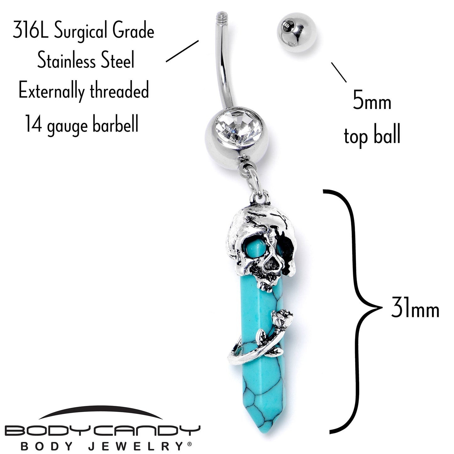 Blue Turquoise Skull Obelisk Rose Dangle Belly Ring