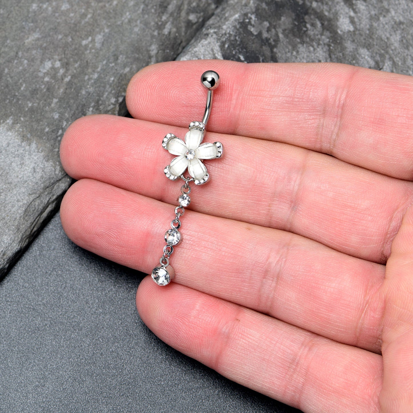 Clear Gem Retro Flower Glamour Dangle Belly Ring
