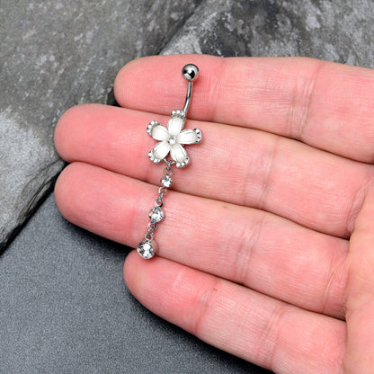Clear Gem Retro Flower Glamour Dangle Belly Ring