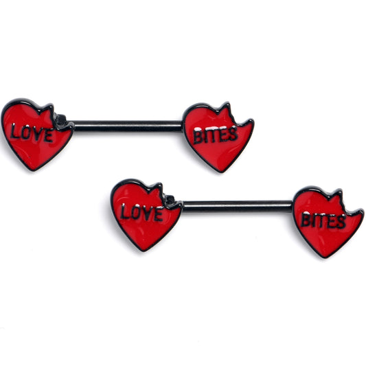 14G 9/16 Black Love Bites Heart Valentine Barbell Nipple Ring Set