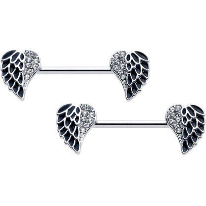 14G 9/16 Clear Gem Heavenly Heart Angel Wing Black Nipple Ring Set