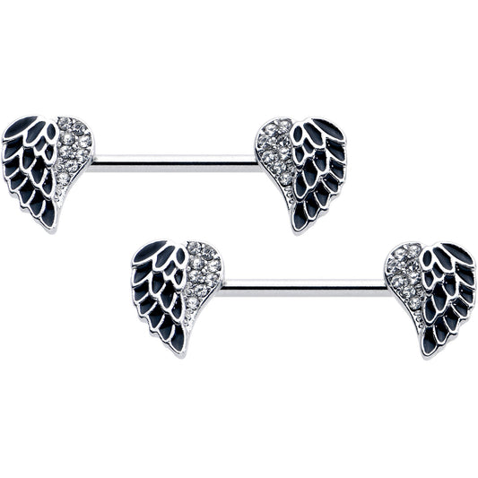 14G 9/16 Clear Gem Heavenly Heart Angel Wing Black Nipple Ring Set