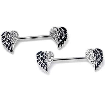 14G 9/16 Clear Gem Heavenly Heart Angel Wing Black Nipple Ring Set