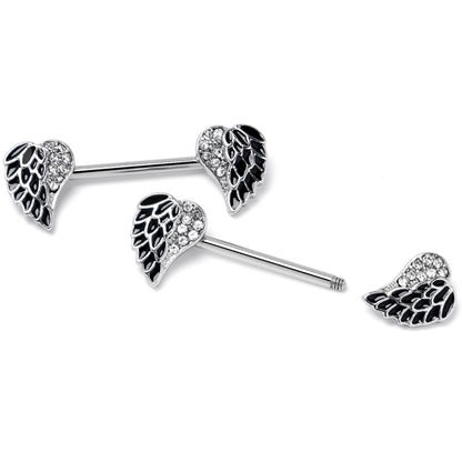 14G 9/16 Clear Gem Heavenly Heart Angel Wing Black Nipple Ring Set