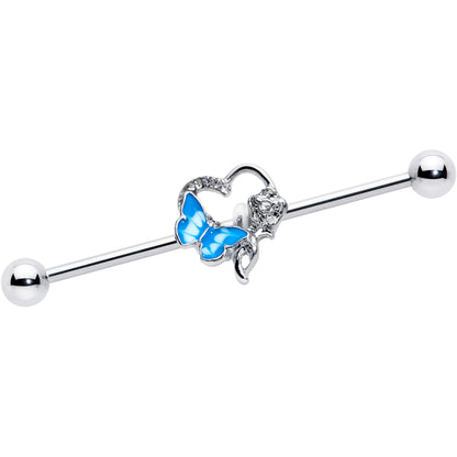 14G Clear Gem Butterfly Flower Blue Industrial Barbell 38mm