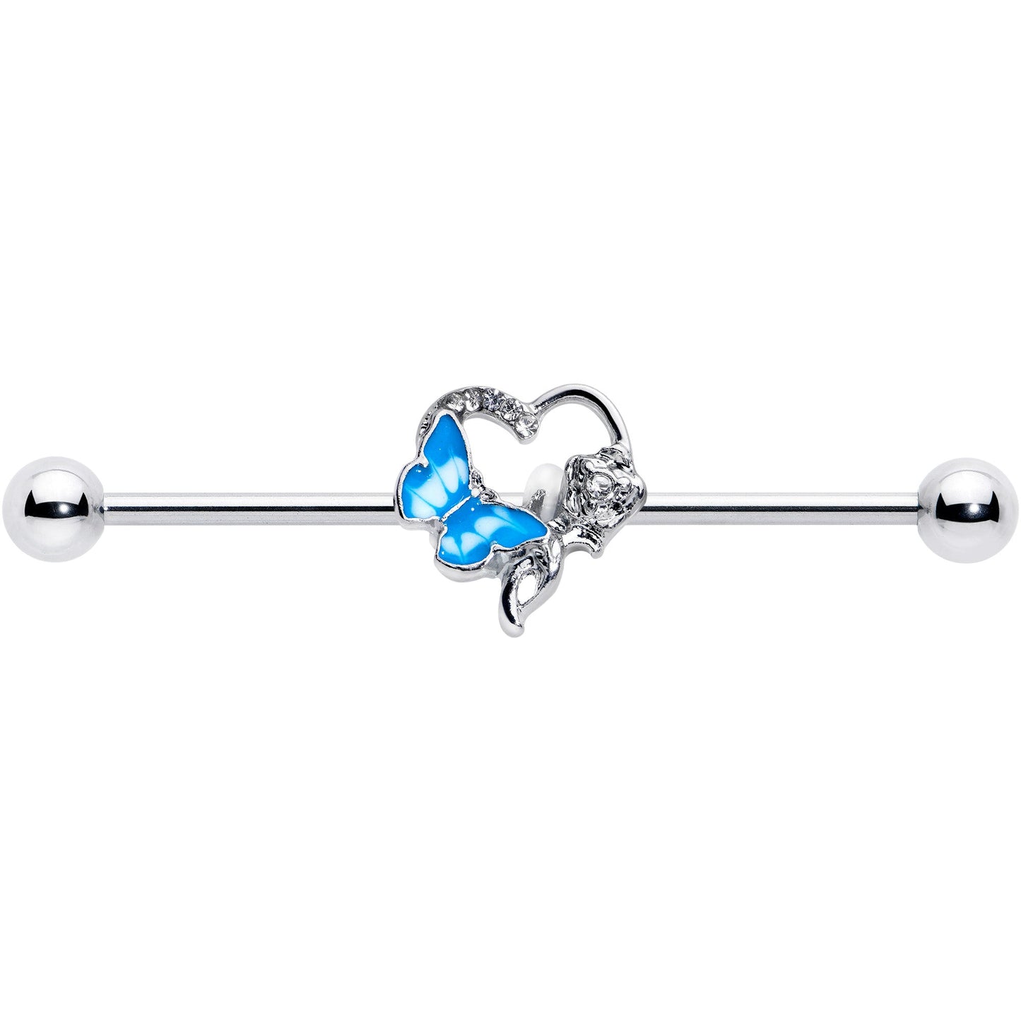 14G Clear Gem Butterfly Flower Blue Industrial Barbell 38mm