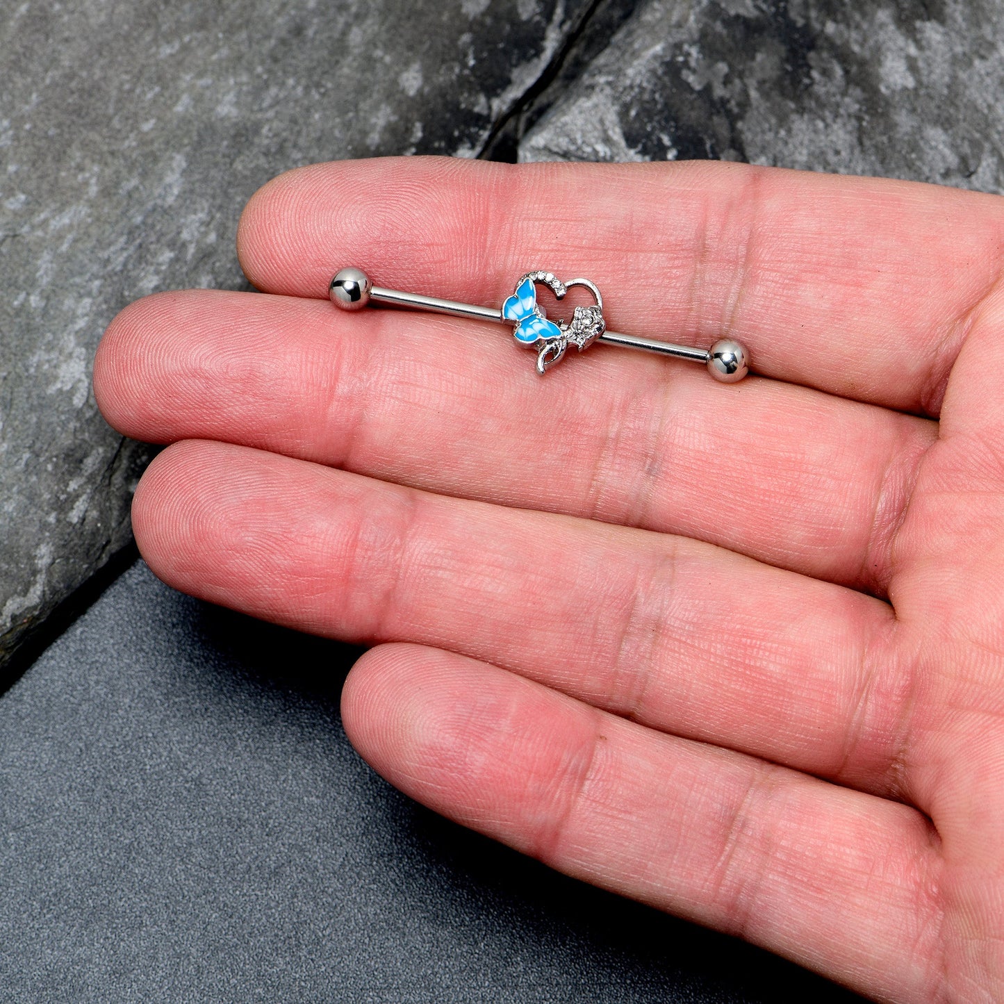 14G Clear Gem Butterfly Flower Blue Industrial Barbell 38mm