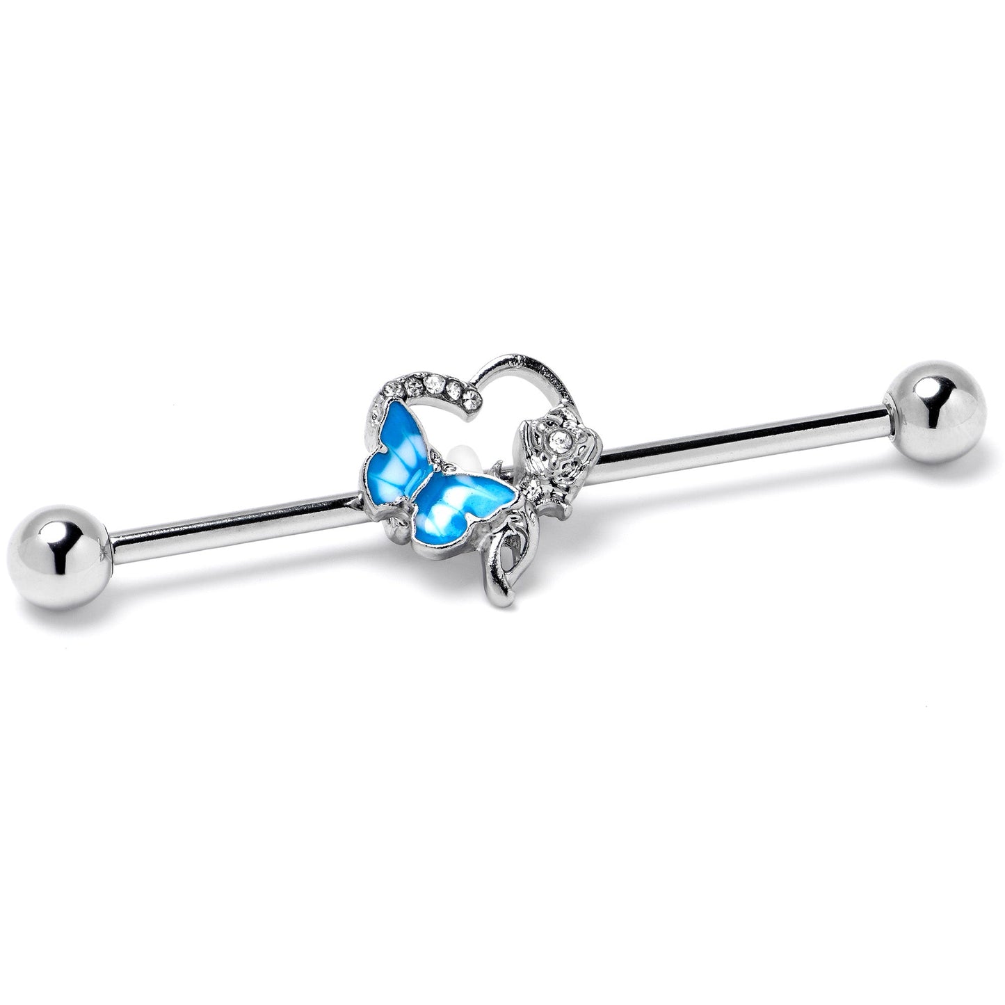 14G Clear Gem Butterfly Flower Blue Industrial Barbell 38mm