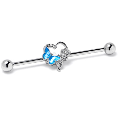 14G Clear Gem Butterfly Flower Blue Industrial Barbell 38mm