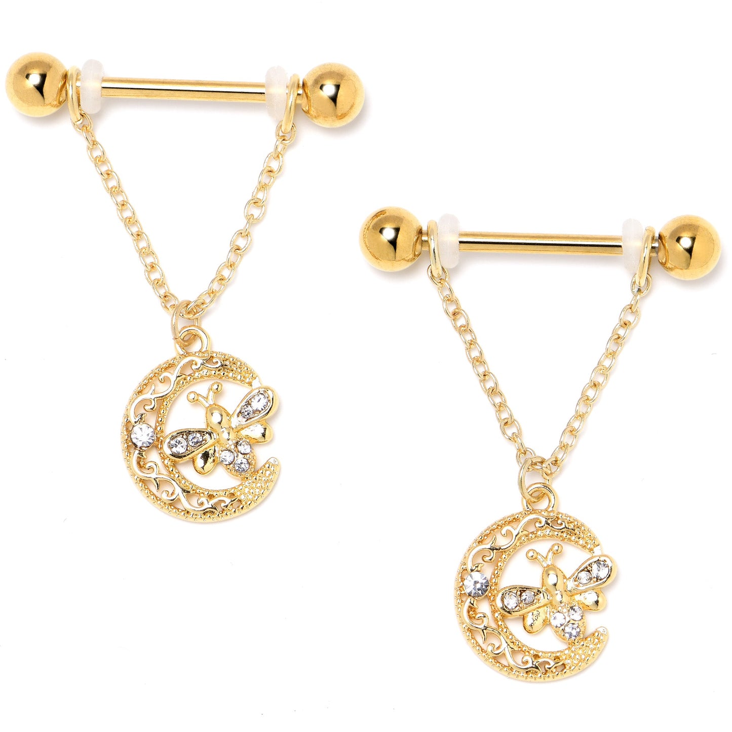 14G 3/4 Clear Gem Gold Tone Lunar Dragonfly Dangle Nipple Ring Set