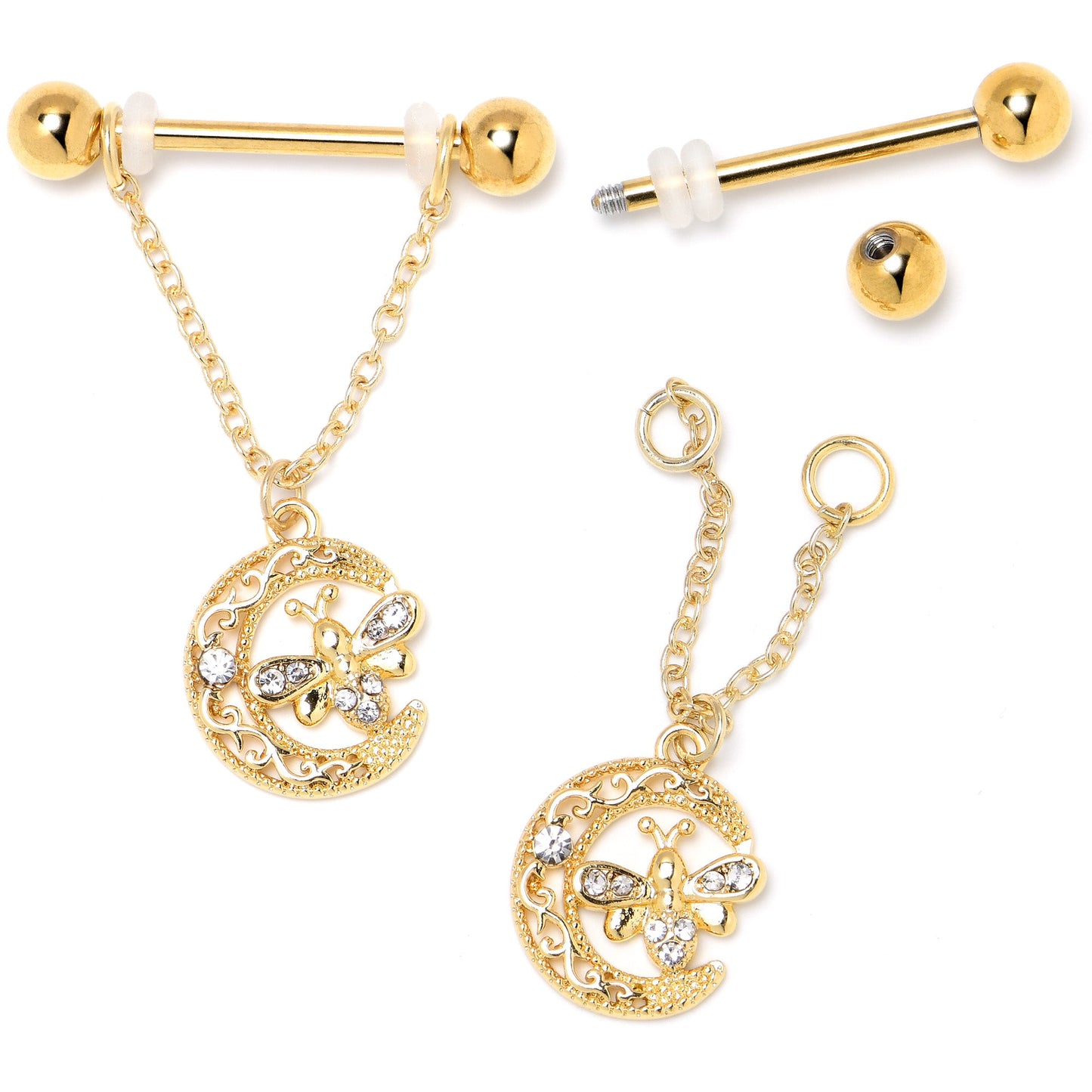 14G 3/4 Clear Gem Gold Tone Lunar Dragonfly Dangle Nipple Ring Set