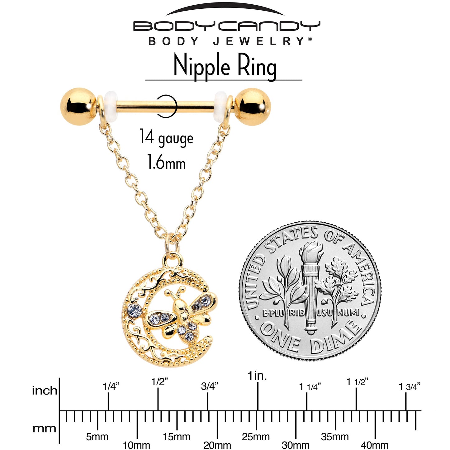 14G 3/4 Clear Gem Gold Tone Lunar Dragonfly Dangle Nipple Ring Set