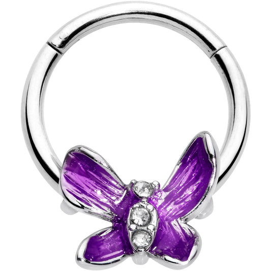 16G 3/8 Clear Gem Chunky Butterfly Purple Hinged Segment Ring