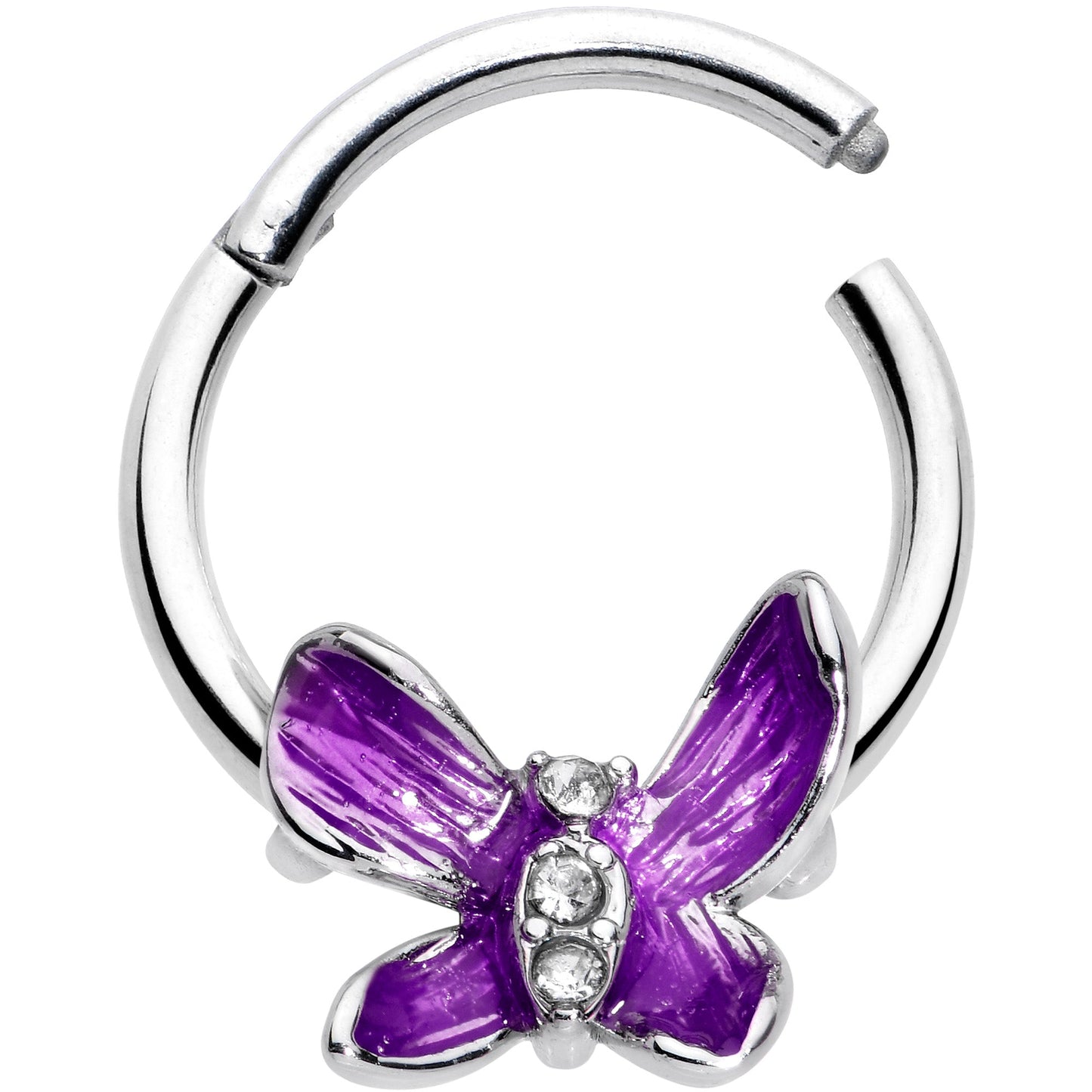 16G 3/8 Clear Gem Chunky Butterfly Purple Hinged Segment Ring