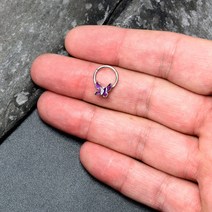 16G 3/8 Clear Gem Chunky Butterfly Purple Hinged Segment Ring