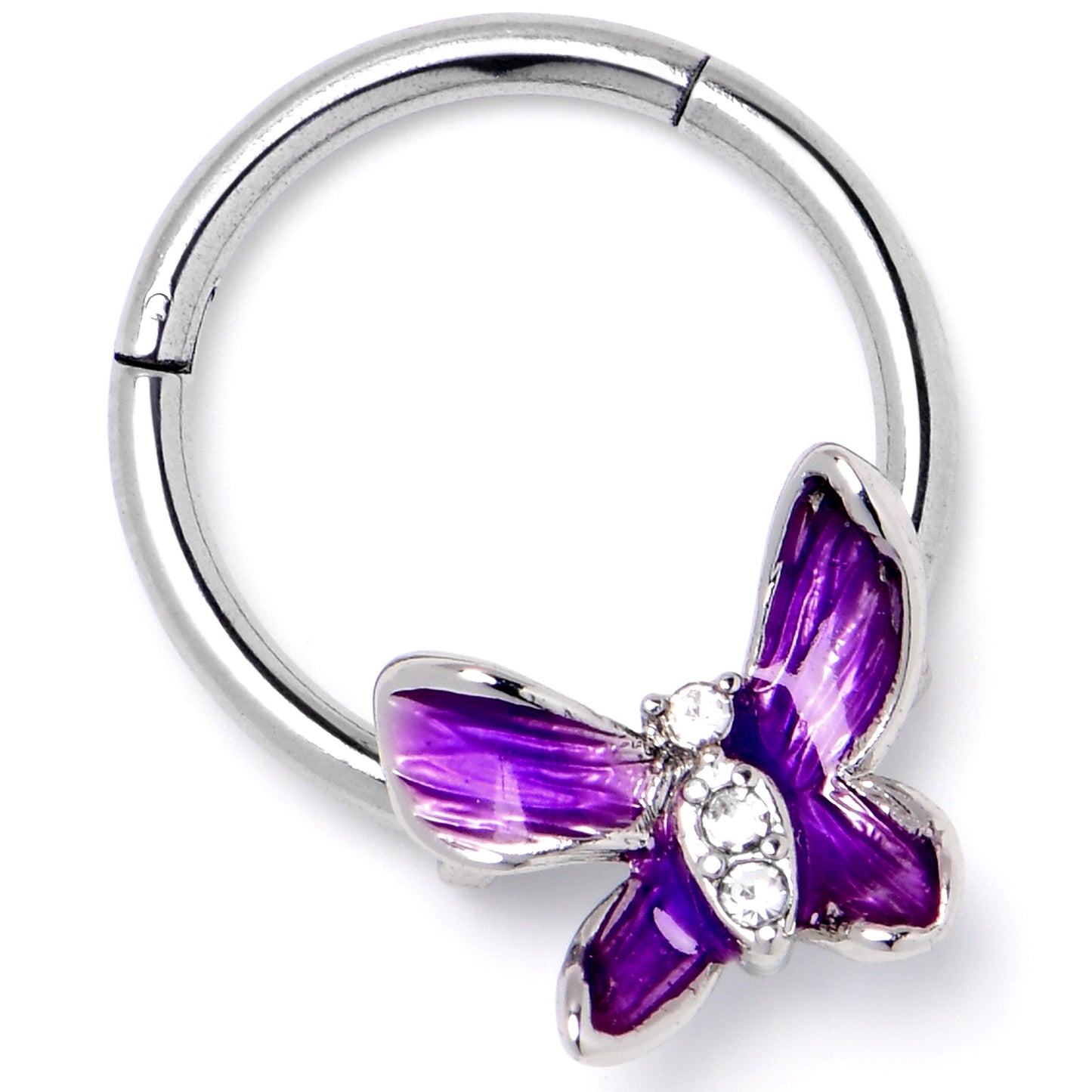 16G 3/8 Clear Gem Chunky Butterfly Purple Hinged Segment Ring