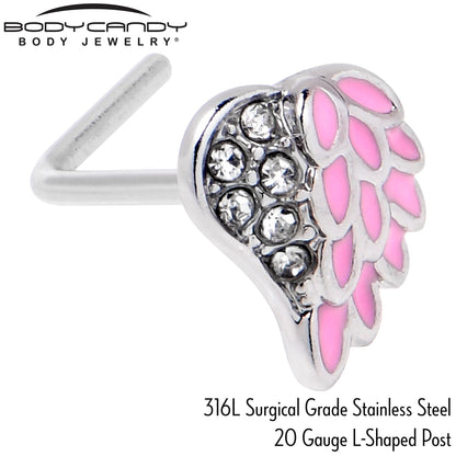 20G 7mm Clear Gem Heavenly Heart Angel Wing Pink L Shape Nose Ring