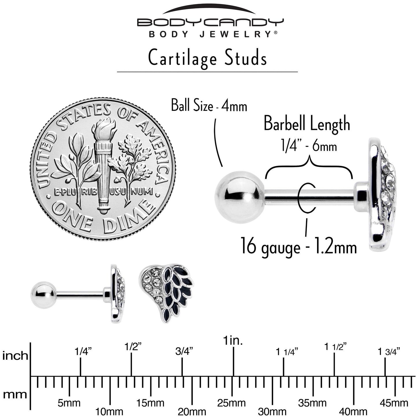 16G 1/4 Clear Gem Heavenly Heart Angel Wing Black Cartilage Earring