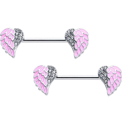 14G 9/16 Clear Gem Heavenly Heart Angel Wing Pink Nipple Ring Set