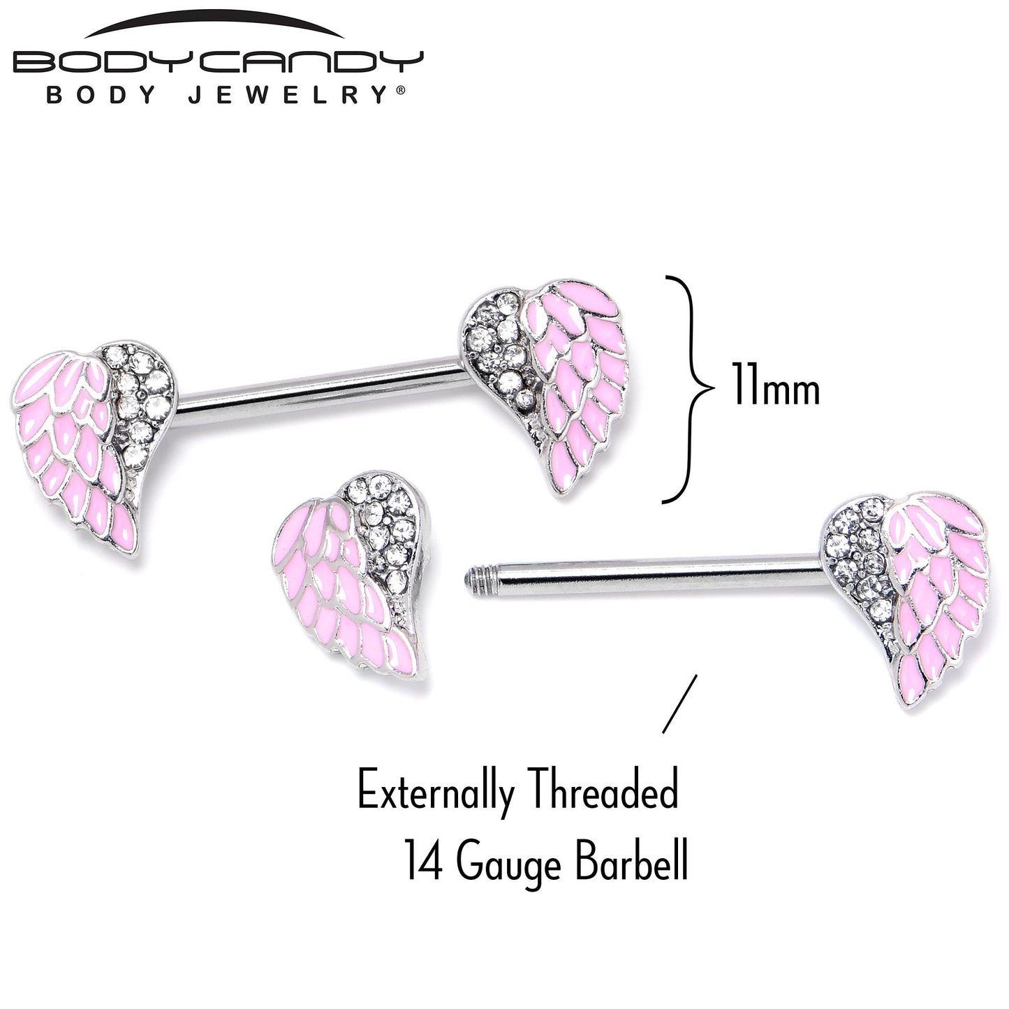 14G 9/16 Clear Gem Heavenly Heart Angel Wing Pink Nipple Ring Set